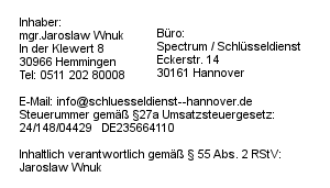 Impressum Schlüsseldienst Hannover Ahlem